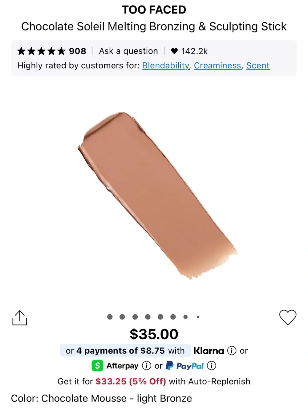 Too Faced Bronzer Stick CHOCOLATE MOUSSE (FULL) & SAIE BRONZER IN SWIM MINI 5mL